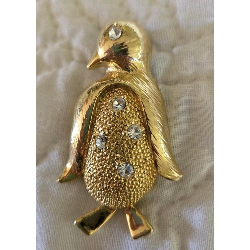 Vintage Gold Tone Signed AAI Clear Rhinestone Penguin Brooch 2"